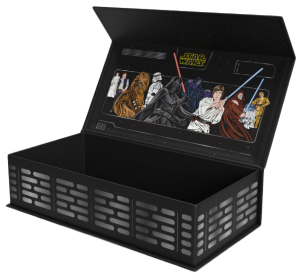The Star Wars Collector’s box inspired by Lucasfilm’s Star Wars. It is opened up and shows art of Chewy, a Stormtrooper, Lea, Han Solo, Darth Vader, Obi Wan Kenobi, Luke Skywalker, R2D2, and C3PO on the inside flap.