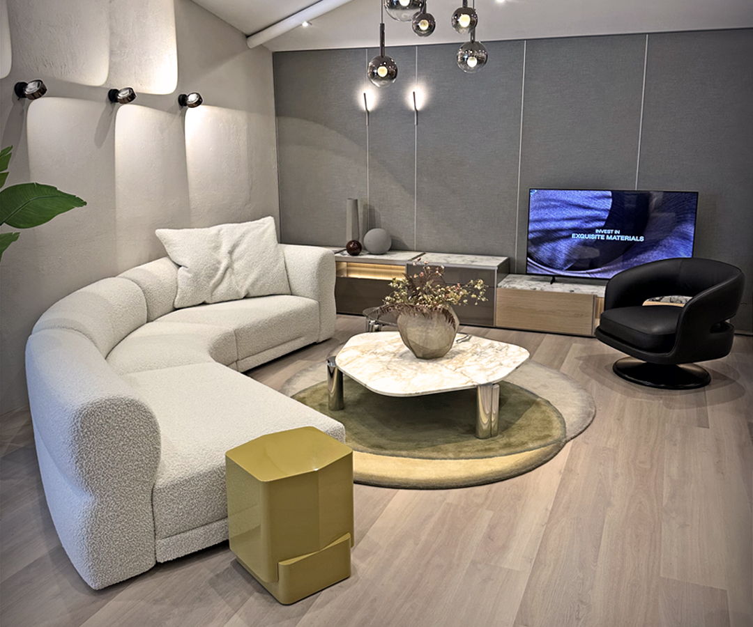 Modern Molteni living room with art, plants, and stylish furniture.