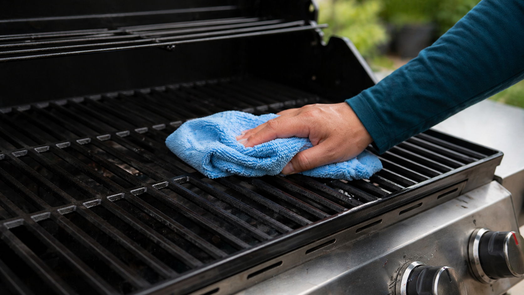 A person cleaning a grill grate with a blue cloth.