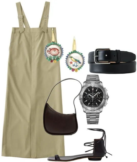 Outfit layout featuring a dress, accessories, watch, belt, bag, and shoes.