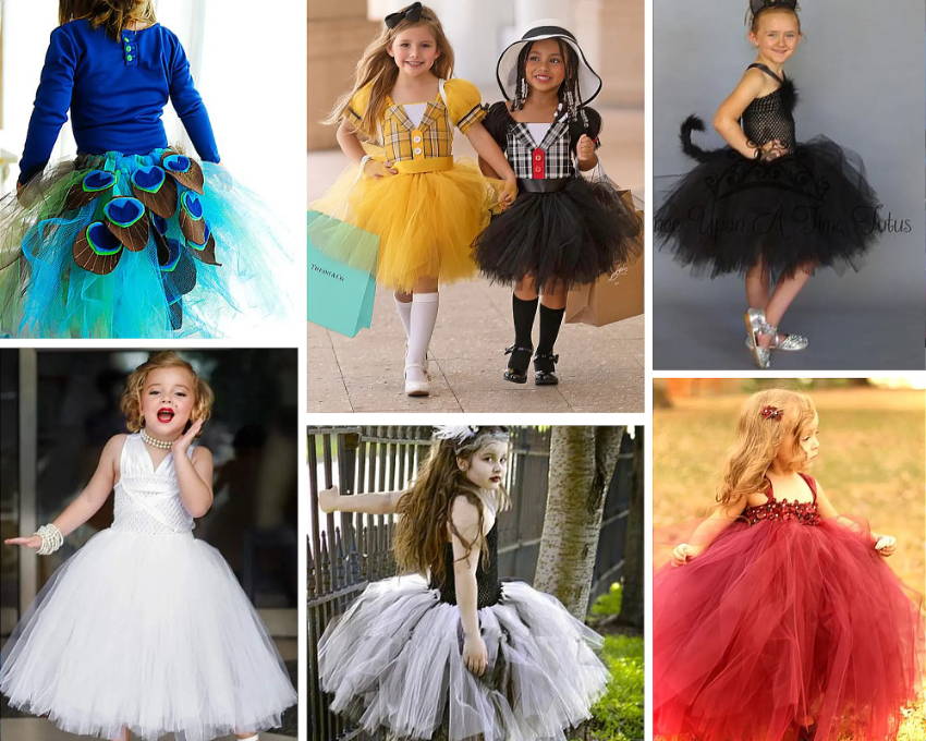 Collage of halloween children’s costumes with a tutu