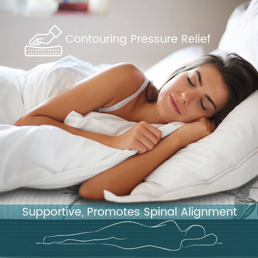A woman laying on a ZenCloud Hybrid mattress with contouring pressure relief that is supportive and promotes spinal alignment.