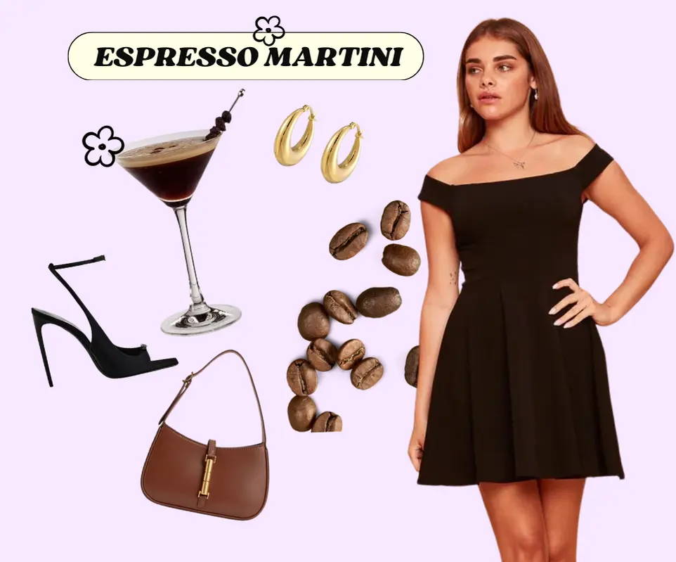 Trixxi Espresso Martini costume inspiration, brown off shoulder mini a-line dress, coffee beans in a martini cocktail glass, and brown bag.