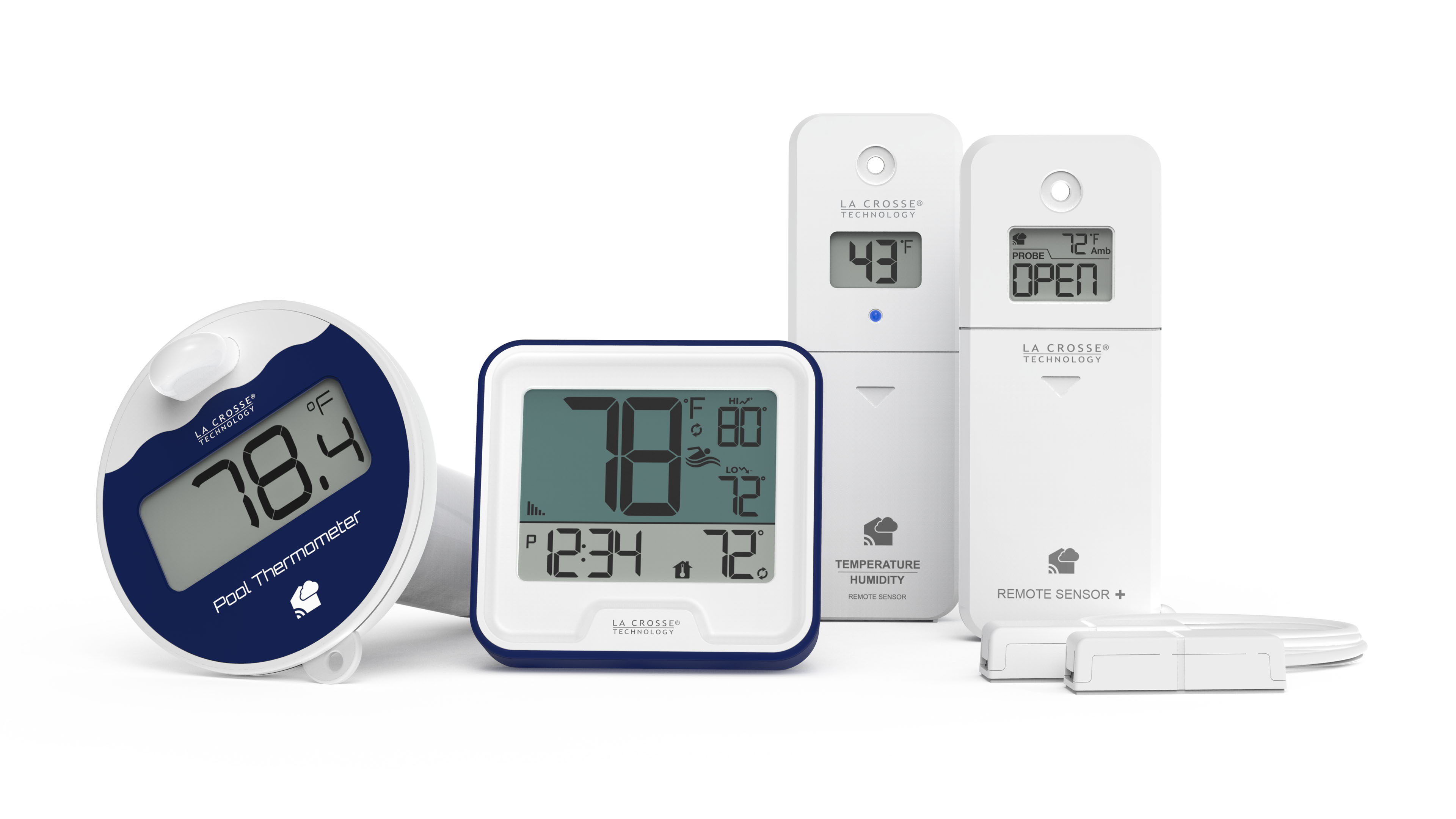 Pool Preserver Bundle Option #4 - Bridge Gateway with a floating pool sensor, indoor display, temperature and humidity sensor, and temp and humidity sensor with open/close contact sensor attachment. Click or tap to shop now.