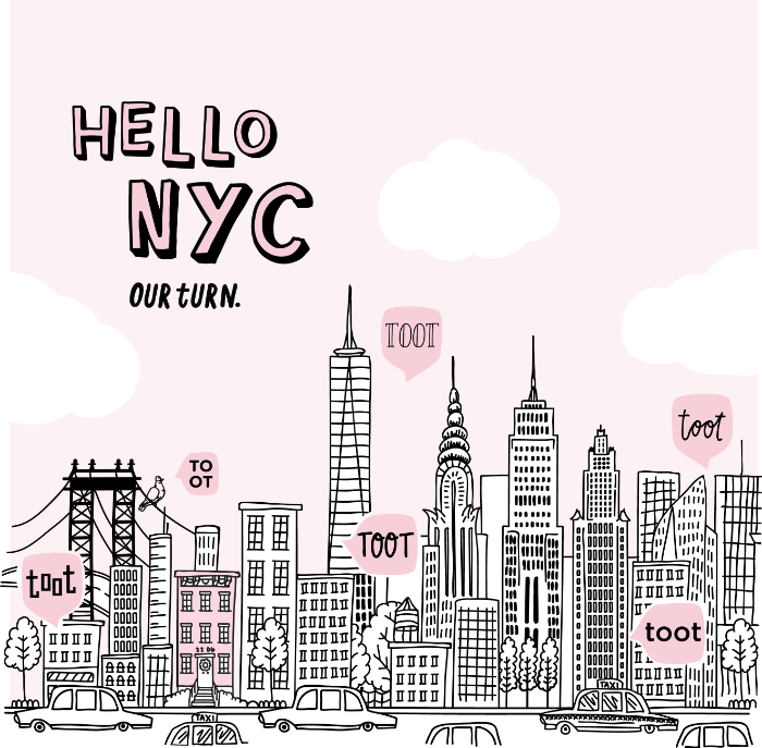 Illustration of the New York City skyline with pink toot speech bubbles coming off the buildings.