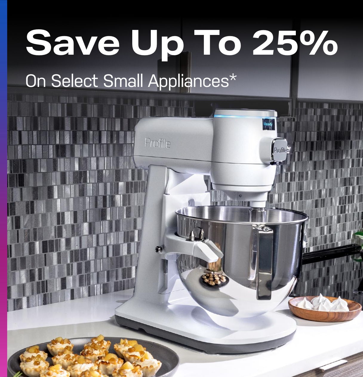 Mixer on countertop with sale text for small appliances.