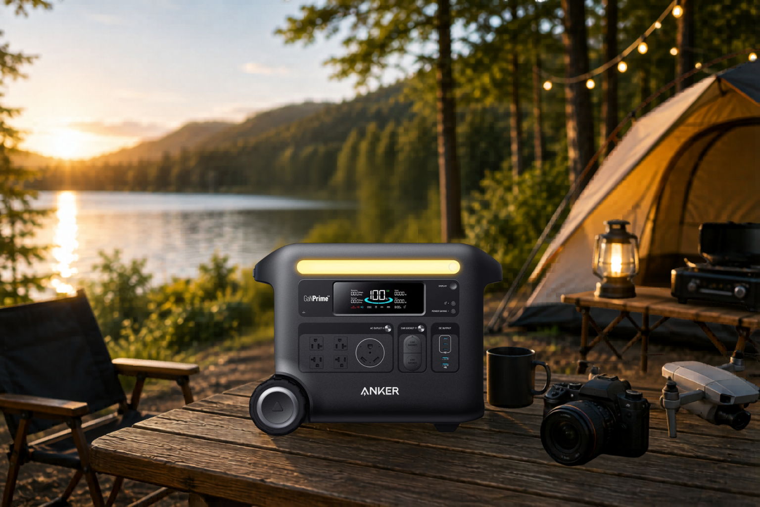 A portable power station on a table by a lake at sunset.