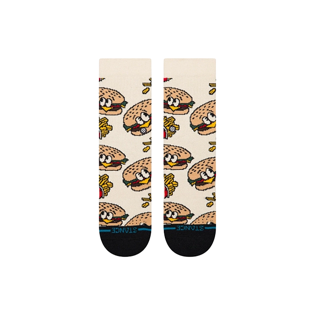 Patterned socks featuring hamburgers and toppings on a light background.