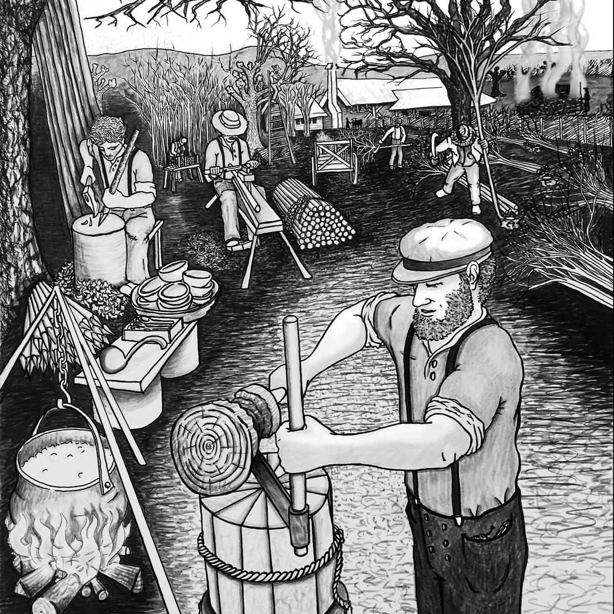 A pen and ink illustration showing traditional woodland work in a village