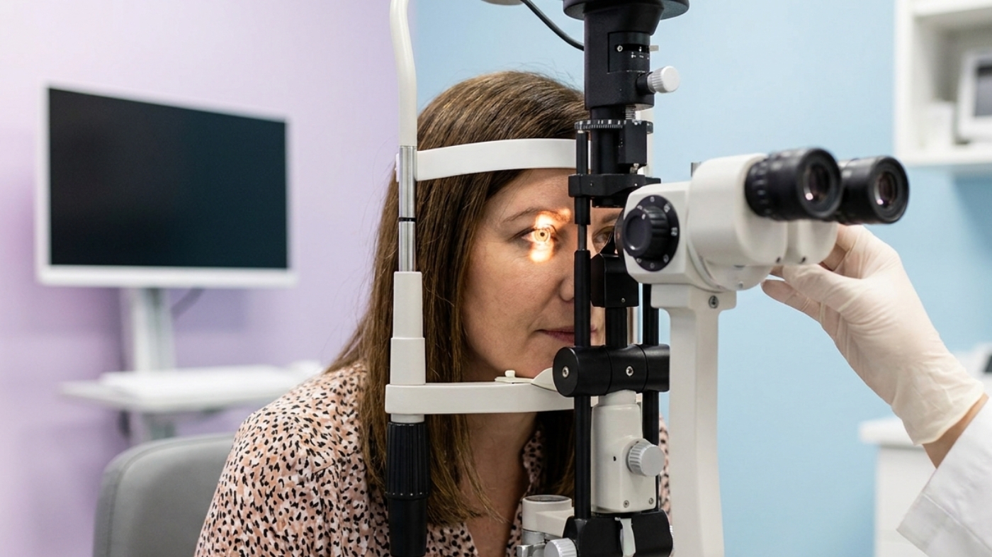 Woman having a contact lens fitting eye exam at an optometrist's slit-lamp