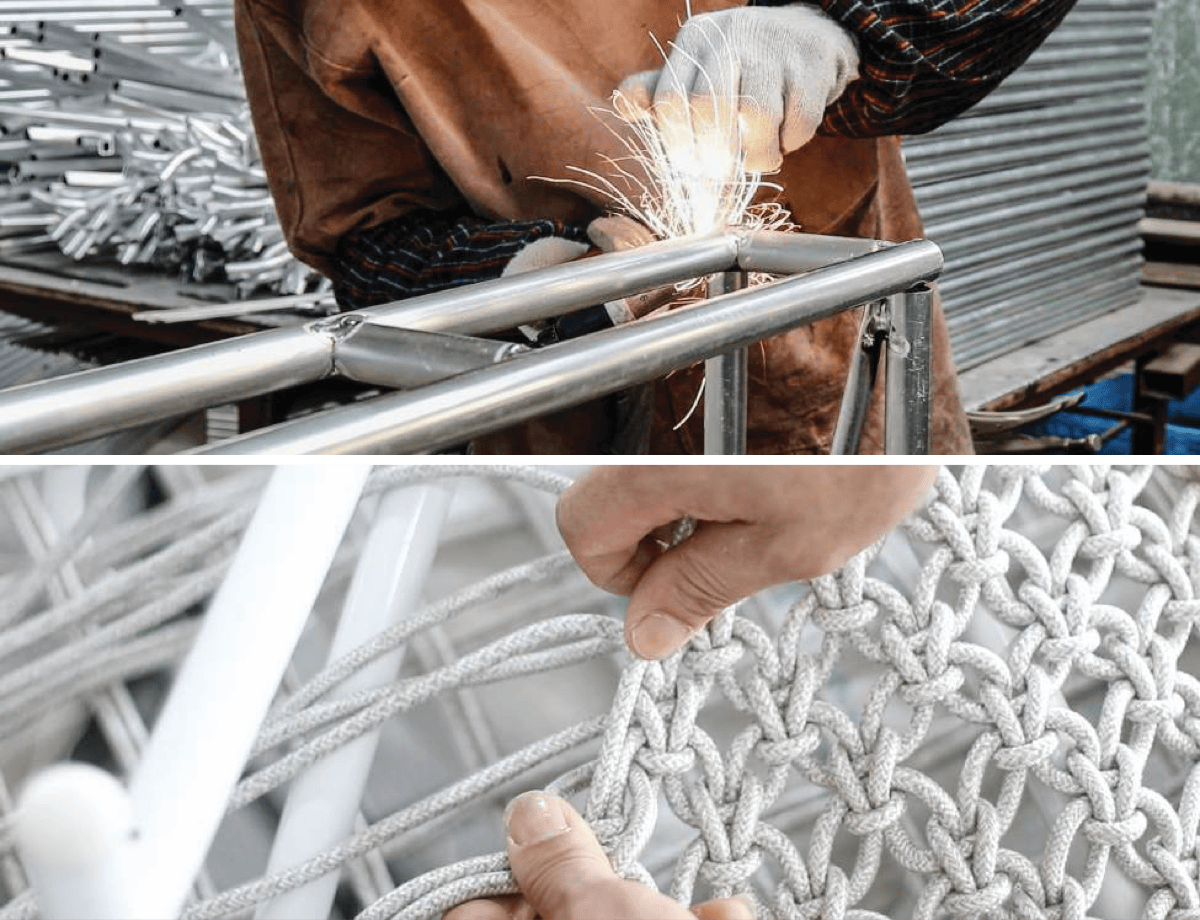 Close-up of outdoor furniture construction showing welded metal frame details and handwoven performance rope material.