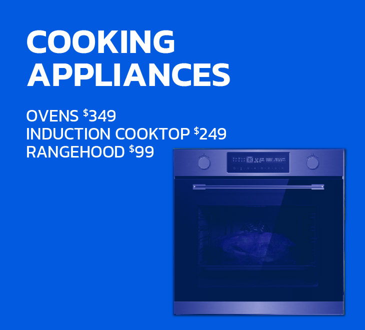 Cooking appliances with prices: ovens $349, induction cooktop $249, rangehood $99.