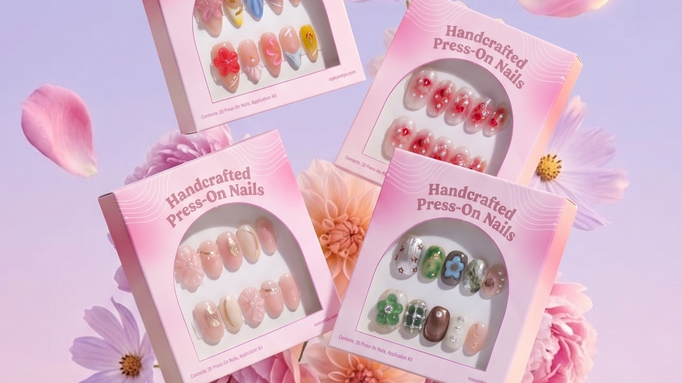 Elegant hands with soft pink press-on nails holding a cream handbag
