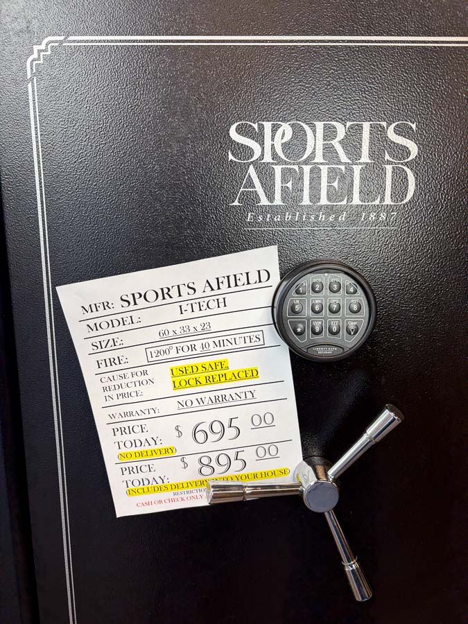 Sports Afield gun safe exterior with sale price tag on door - SES spring cleaning sale