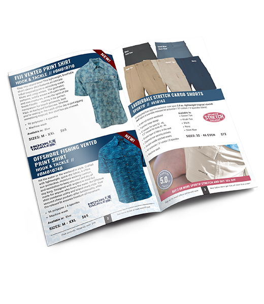 Catalog page displaying shirts and pants with descriptions and prices.