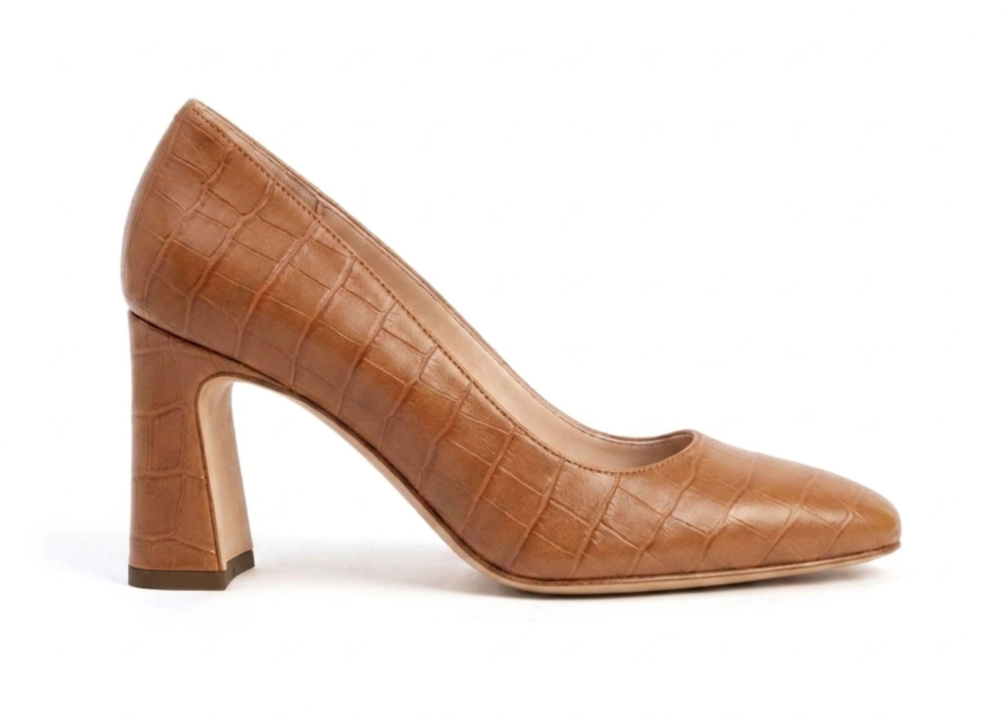 Brown high-heeled shoe with a textured finish and a chunky heel.