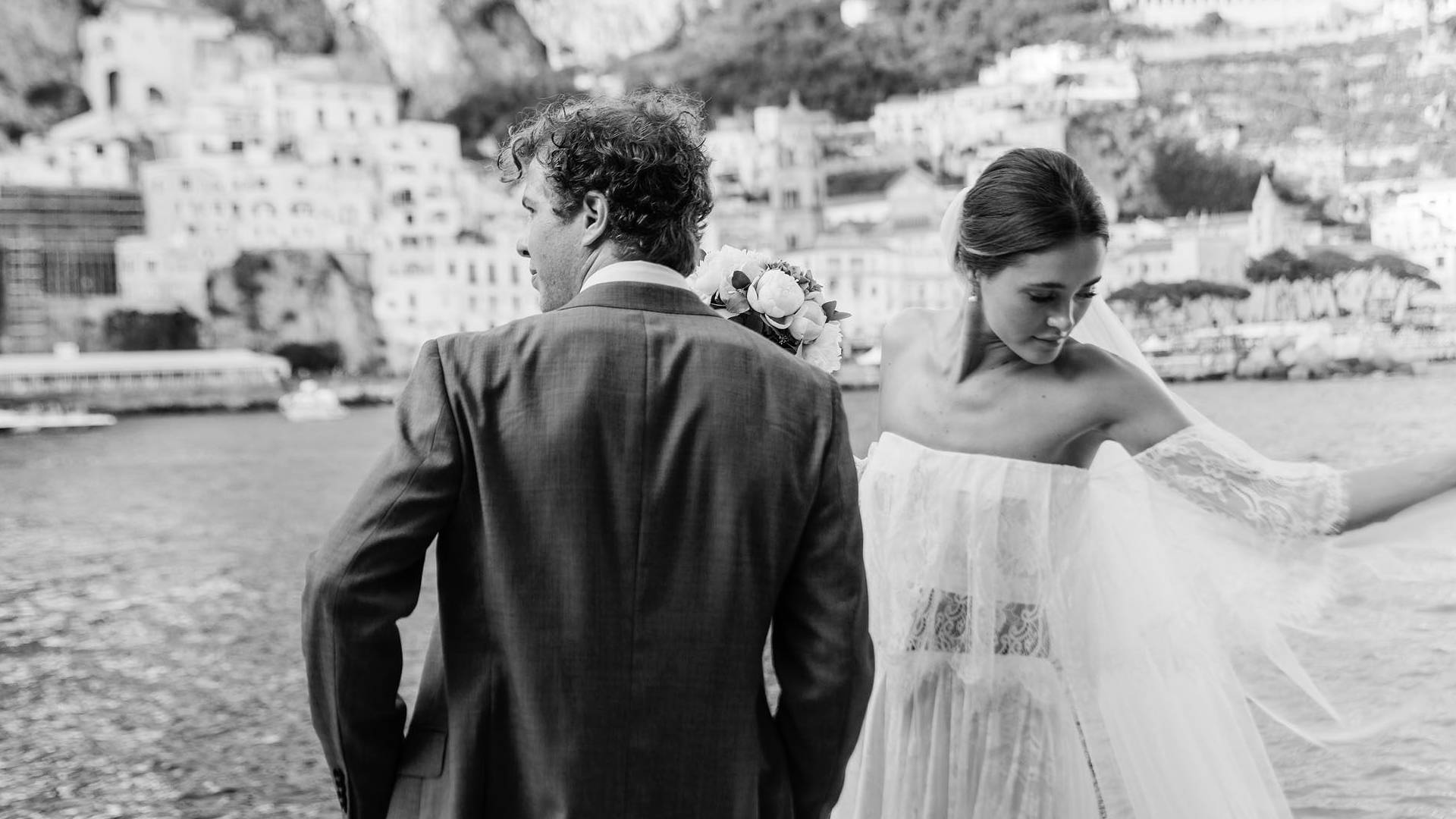 Black and white image of Grace loves lace bride in the florence ivory gown in  Amalfi Italy 