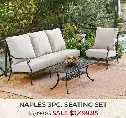 Naples 3-piece seating set with sale price displayed.