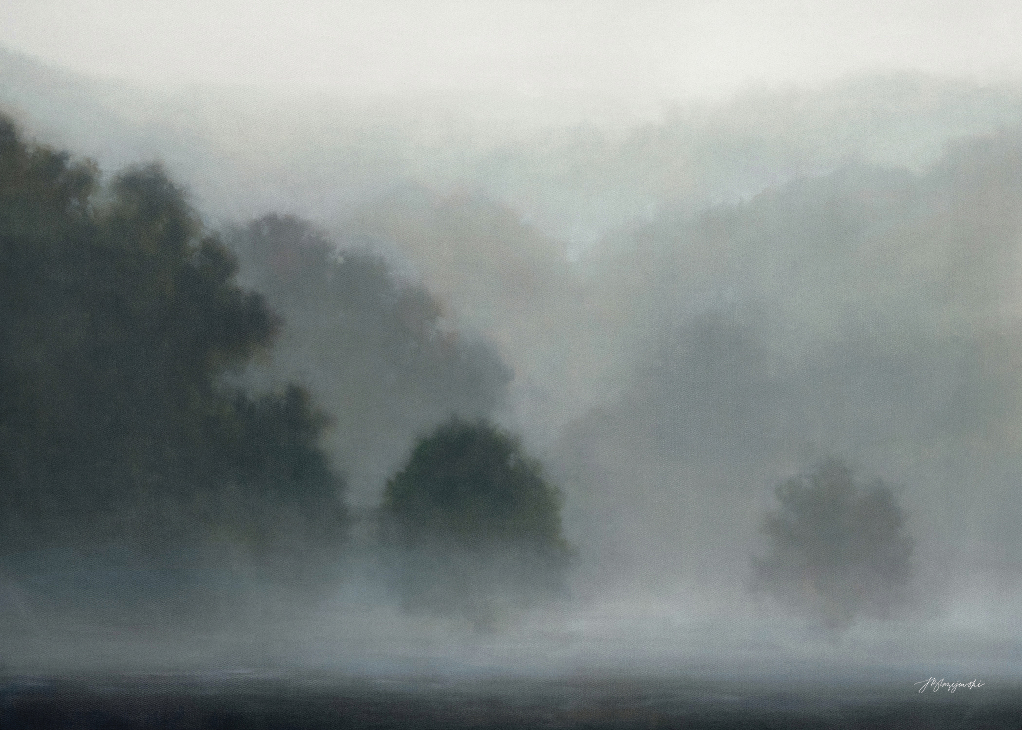 The Whispering Forest foggy landscape painting by artist Jess Blazejewski