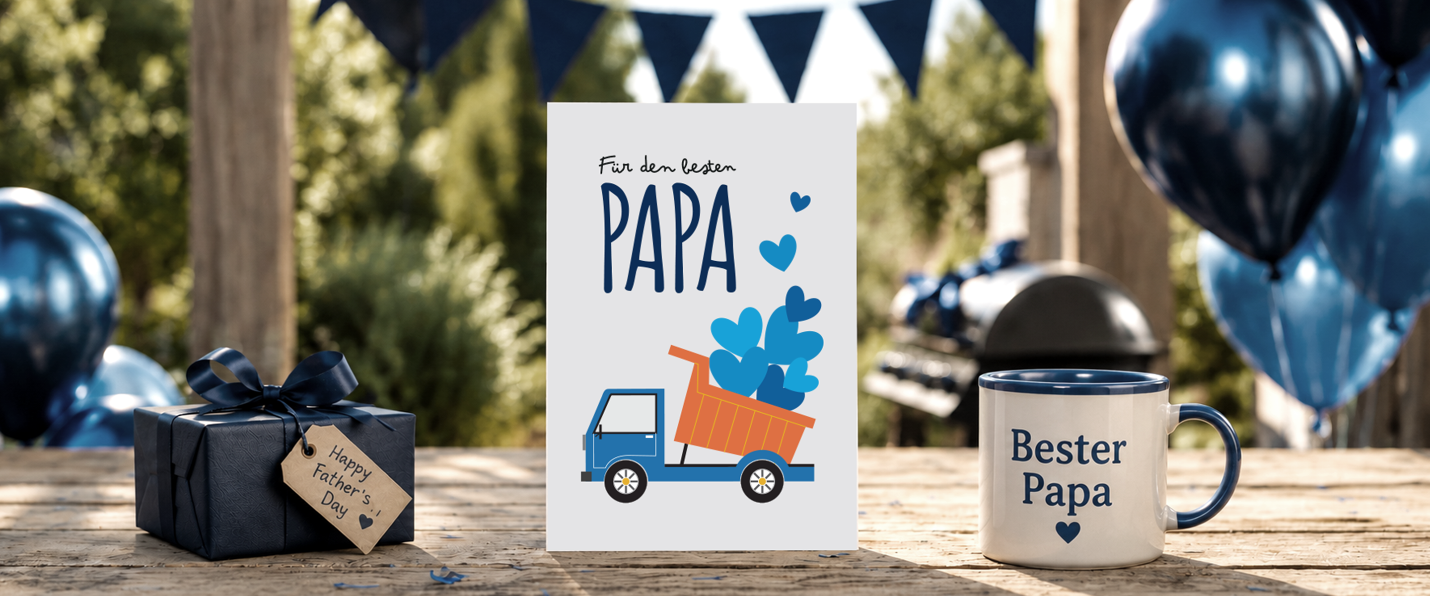 Father's Day card with blue decorations and a mug saying 