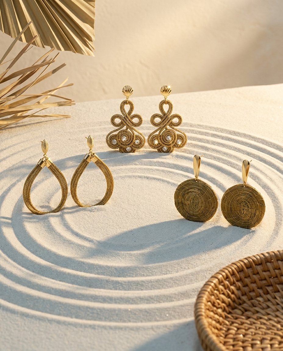 Solara jewelry resting on woven Golden Grass
