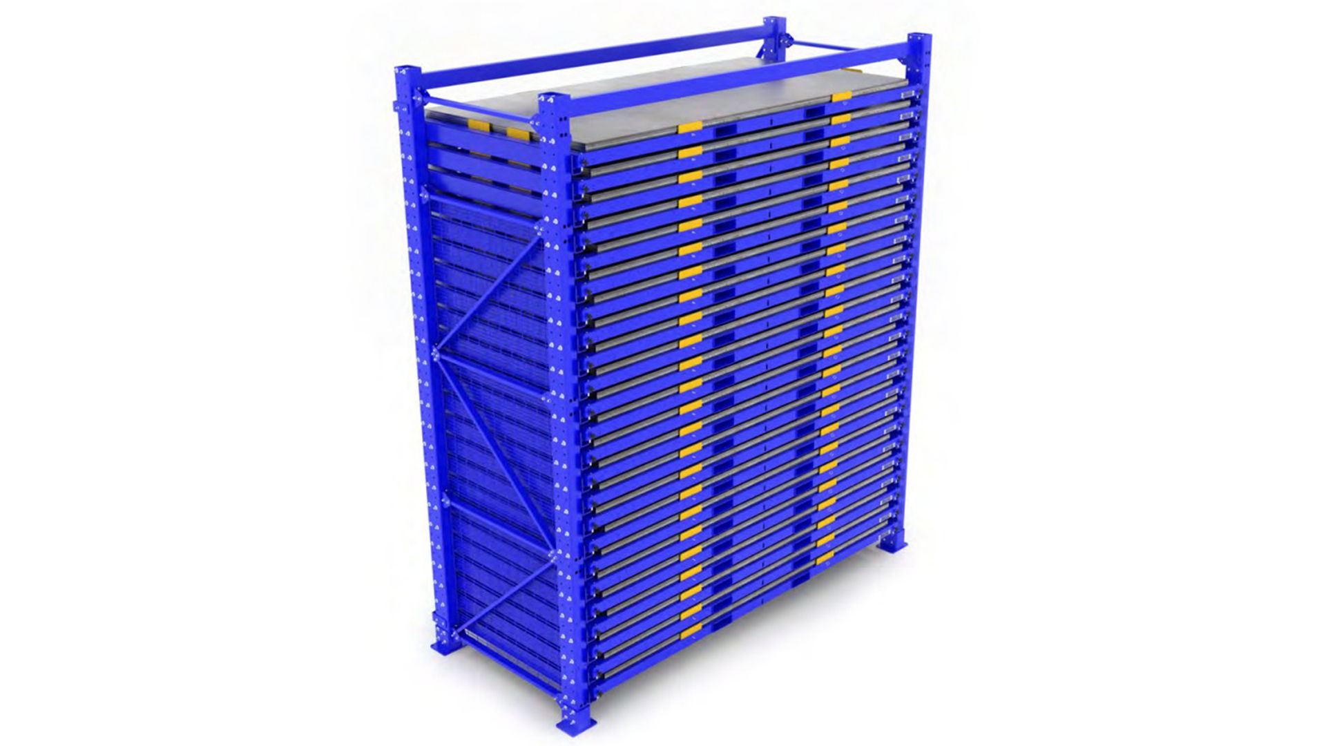 Blue folding cot with a striped design and sturdy frame.