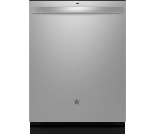 Silver dishwasher with a sleek design and front panel.