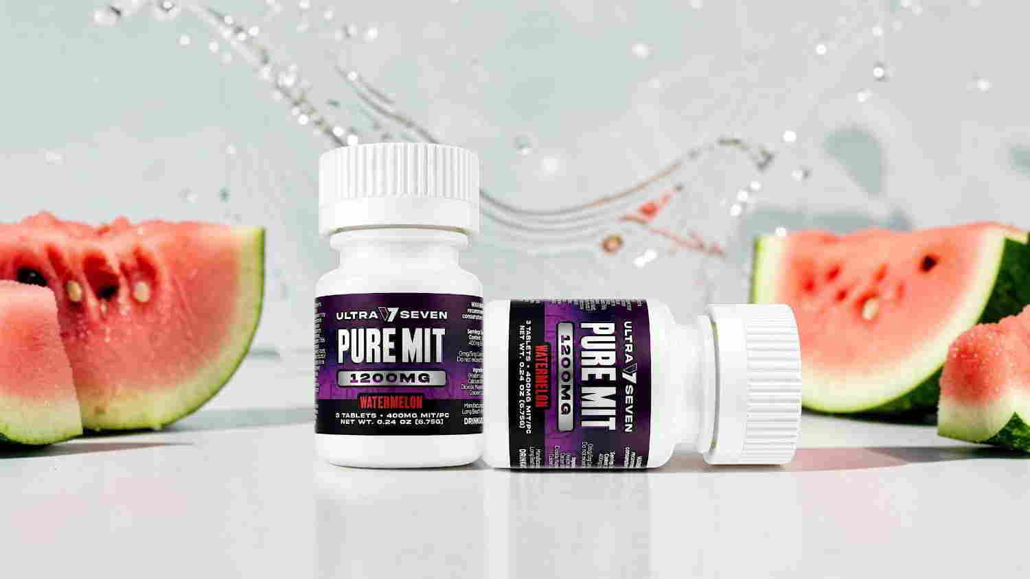 Two supplement bottles with watermelon slices and splashes of water.