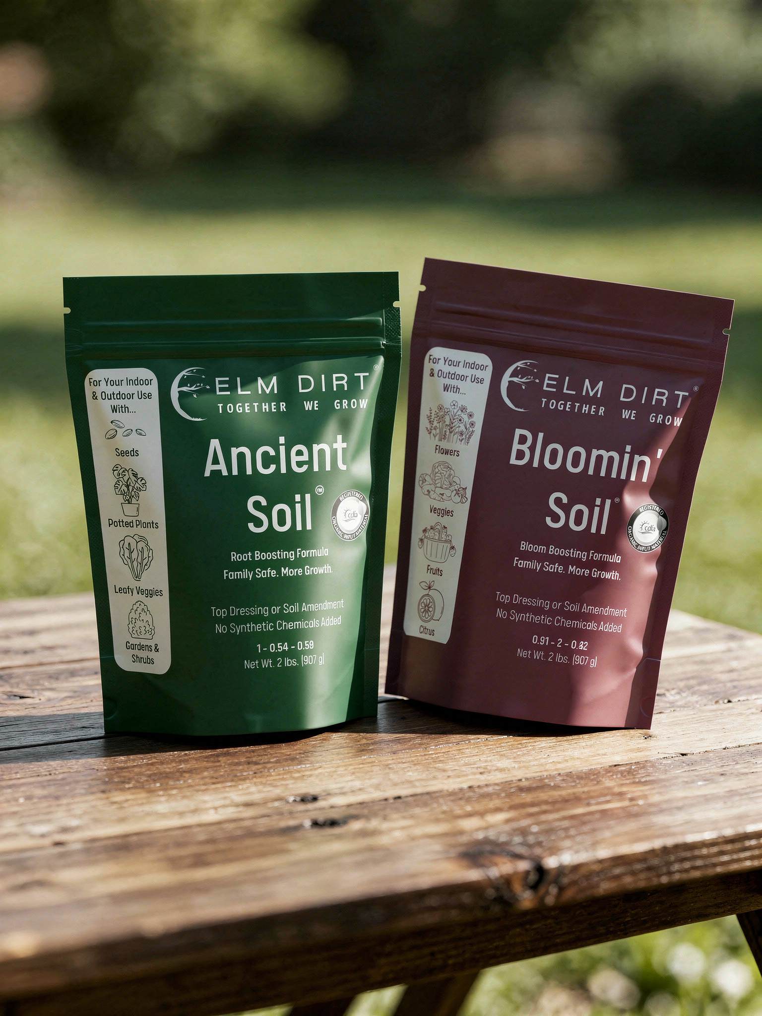 Two bags of soil labeled 