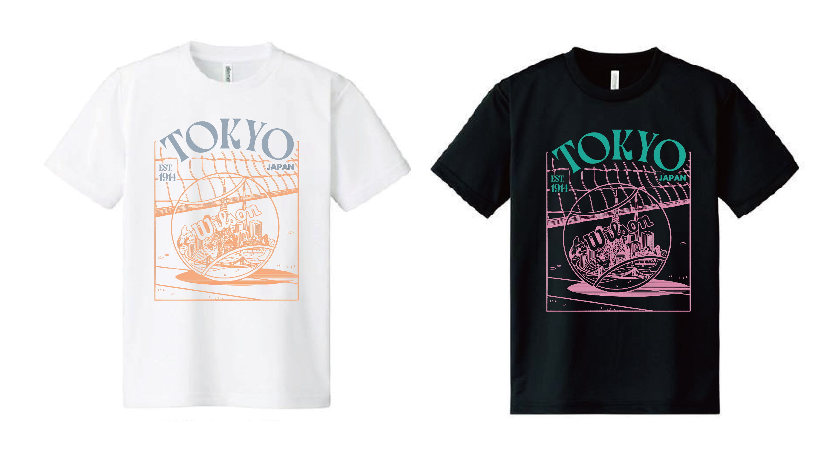 Two T-shirts: one white with orange print, one black with teal print.