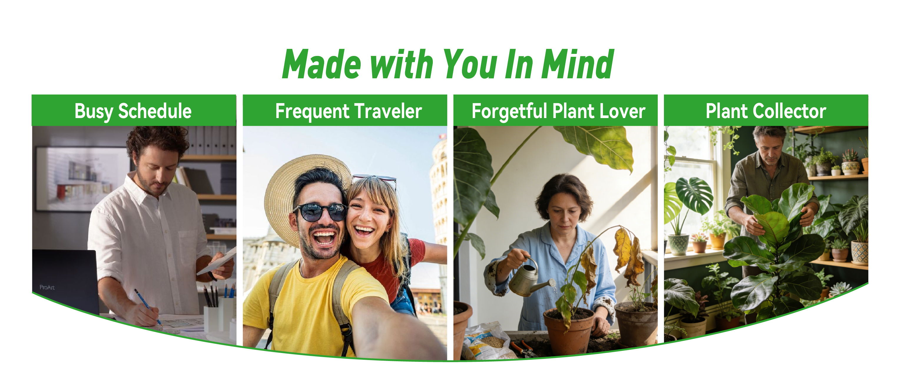 Four images showcasing hobbies: cooking, traveling, gardening, and plant collecting.