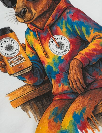 Colourful kangaroo illustration wearing sunglasses and holding a beer, printed with paint-drip effects and highly saturated rainbow tones.