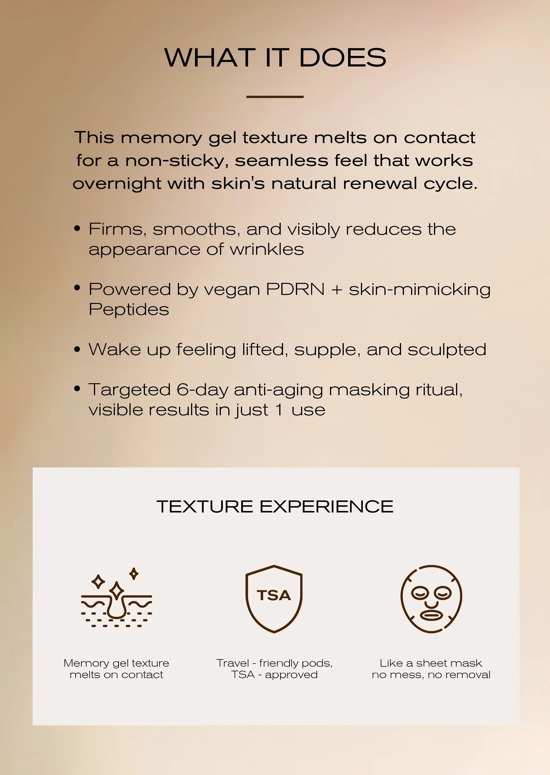Memory gel sleep mask that melts on contact for a non-sticky feel, with overnight firming and smoothing benefits.