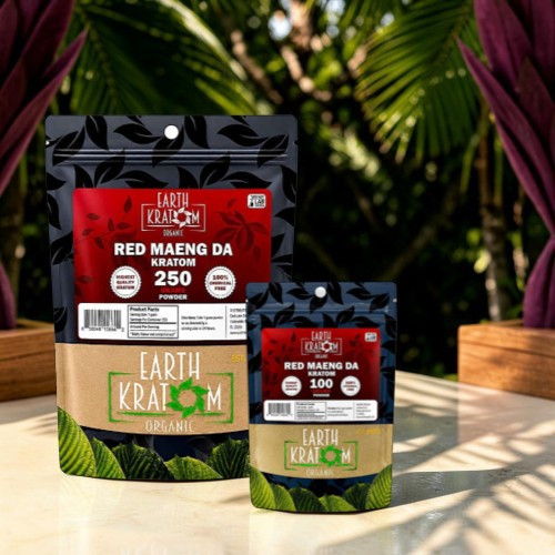 Two bags of Red Maeng Da kratom in a natural setting.