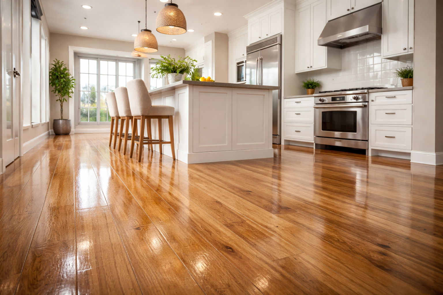 Modern kitchen with wooden floors, island, and stainless steel appliances.