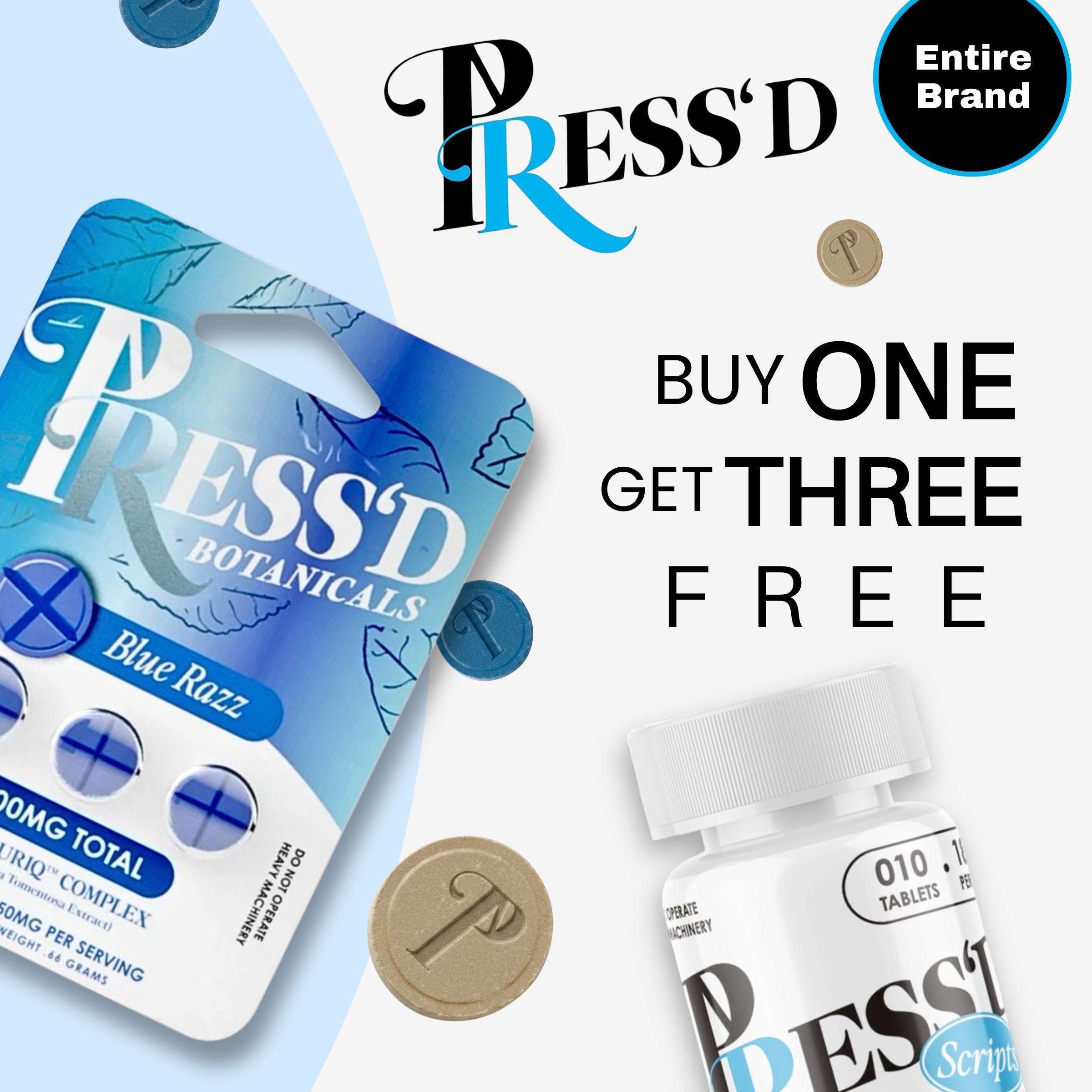 Promotional image for PRESS'D Botanicals: buy one, get three free offer.