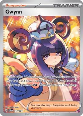 Trainer card featuring Gwynn, a character with purple hair and a crown.