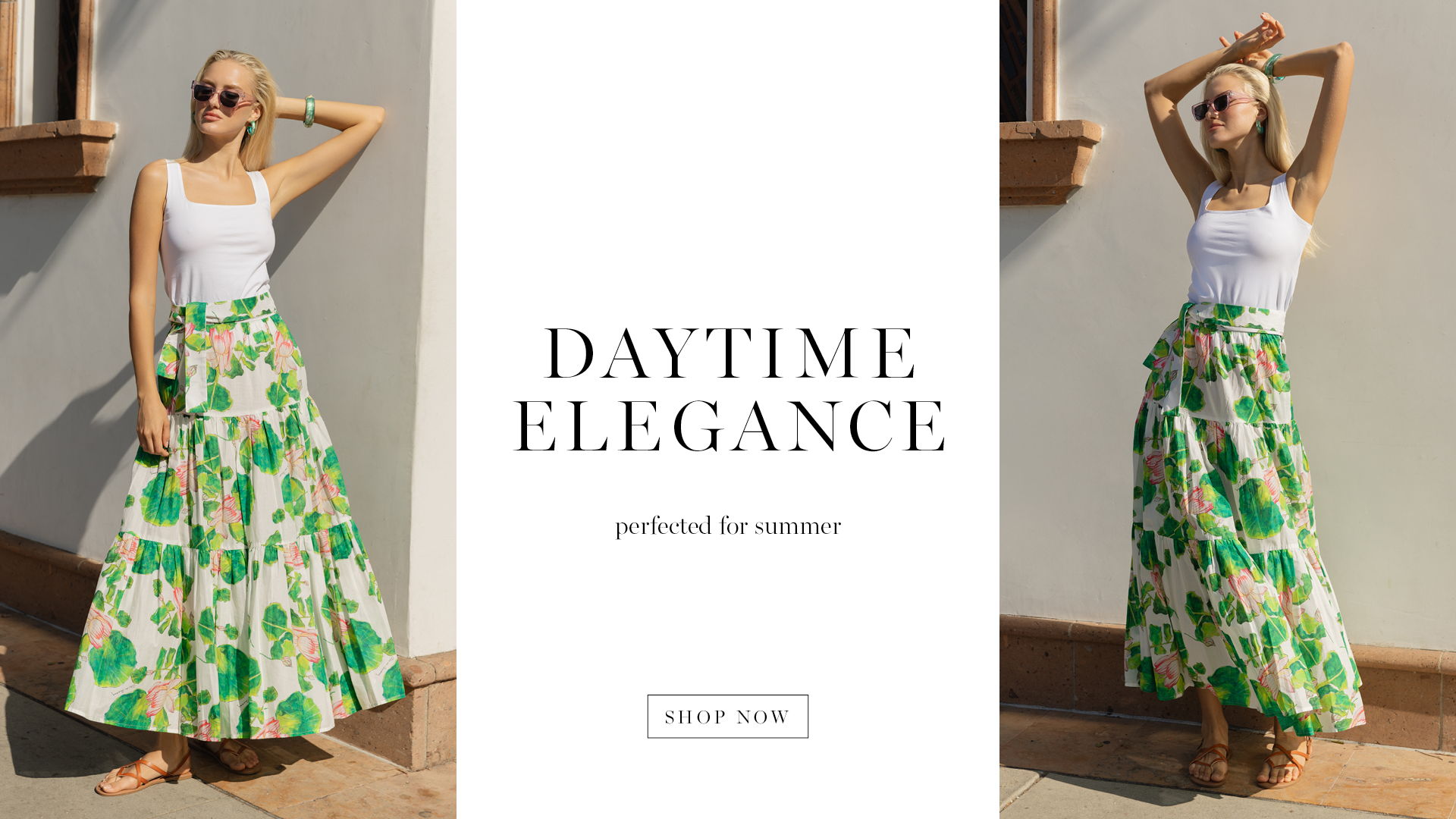 Model in a floral skirt poses with the text 