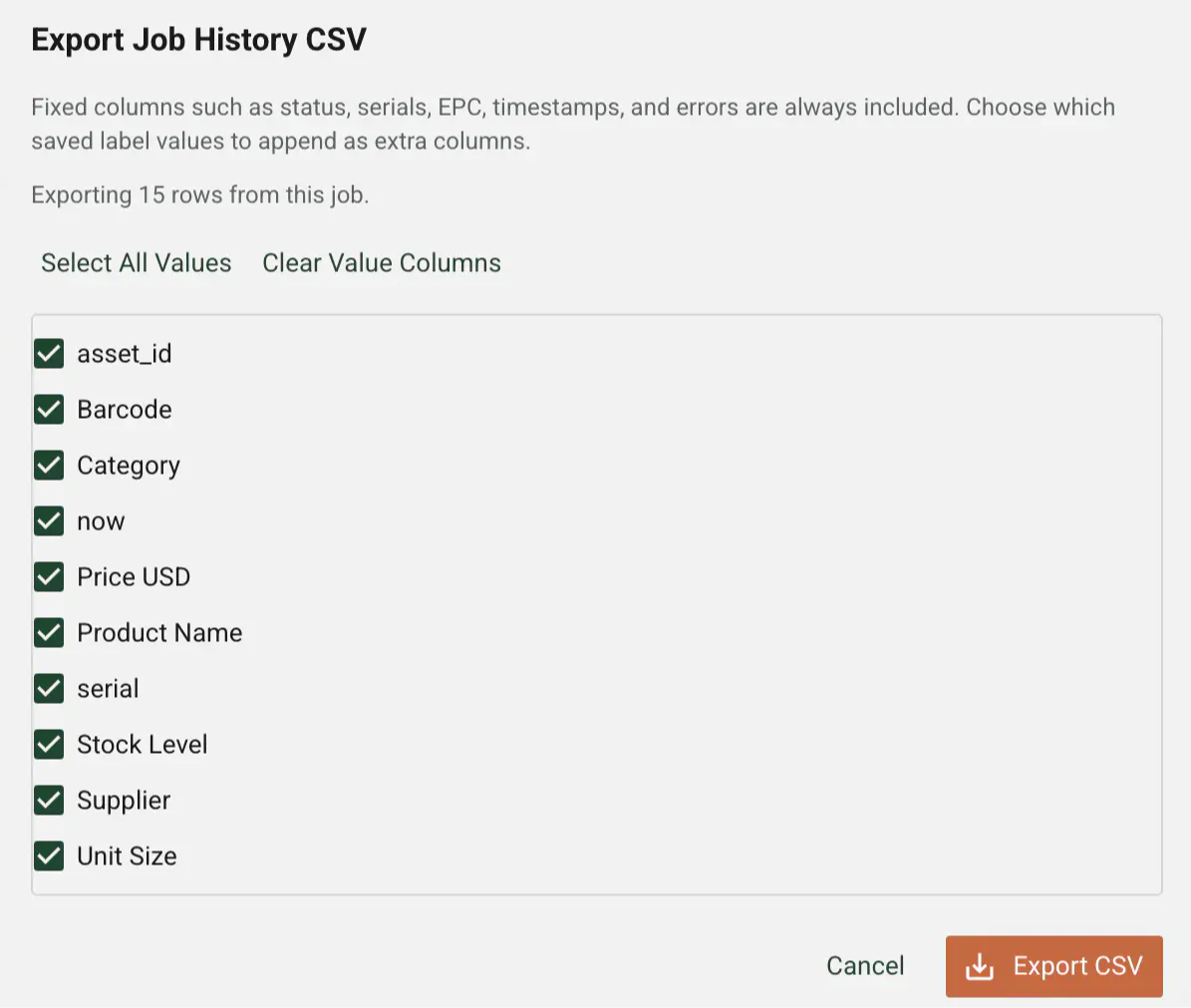Export Job History CSV options with various selectable columns.