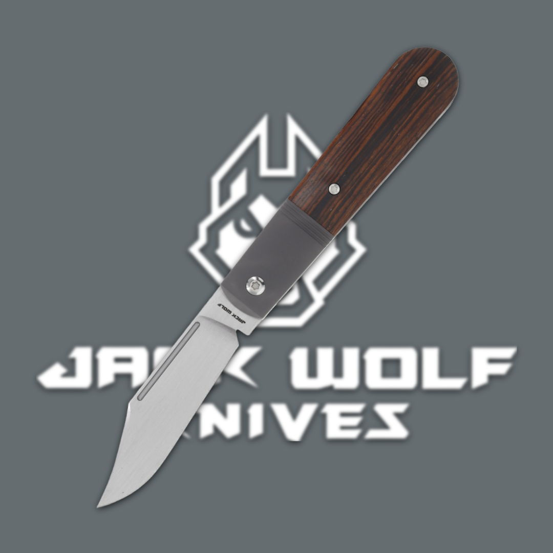 Folding knife with wooden handle and logo of Jack Wolf Knives.