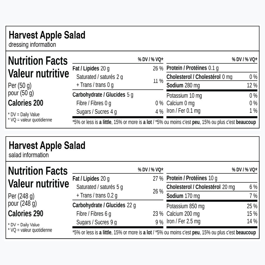Nutrition facts for Harvest Apple Salad in English and French.