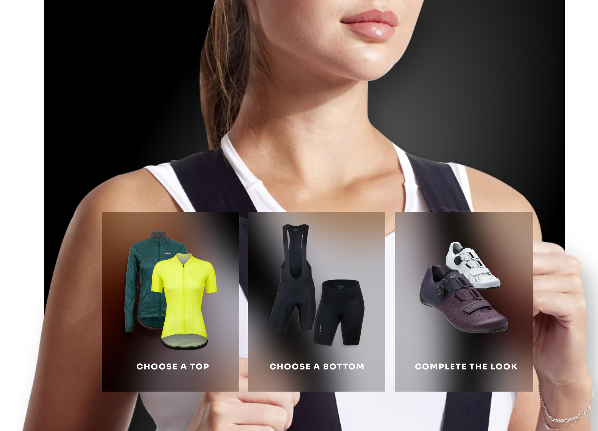 Close in shot of woman's torso with three overlaying images showcasing tops, bottoms and shoes to build a cycling kit.