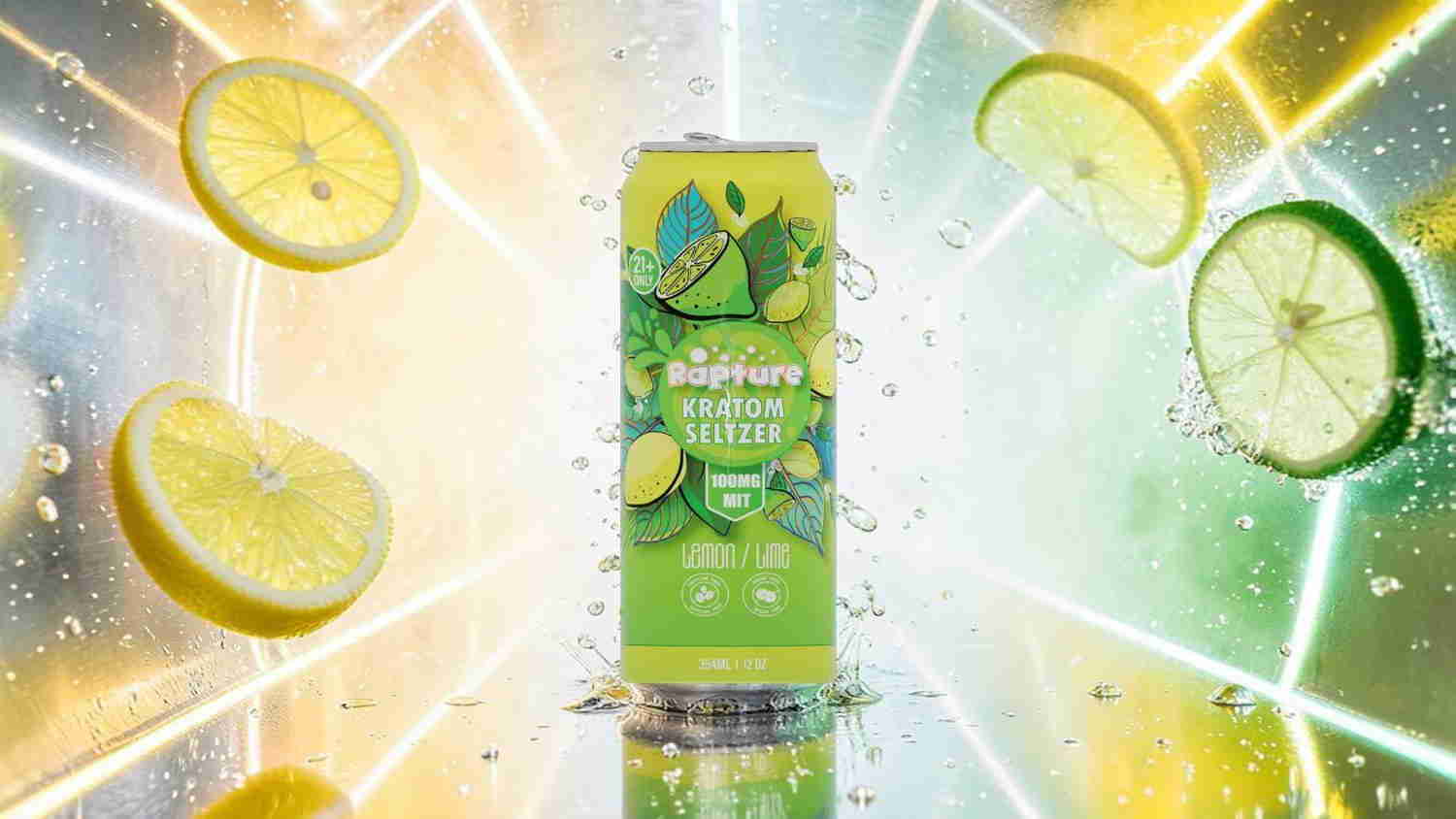 Lemonade can with splashing lemons and vibrant background.