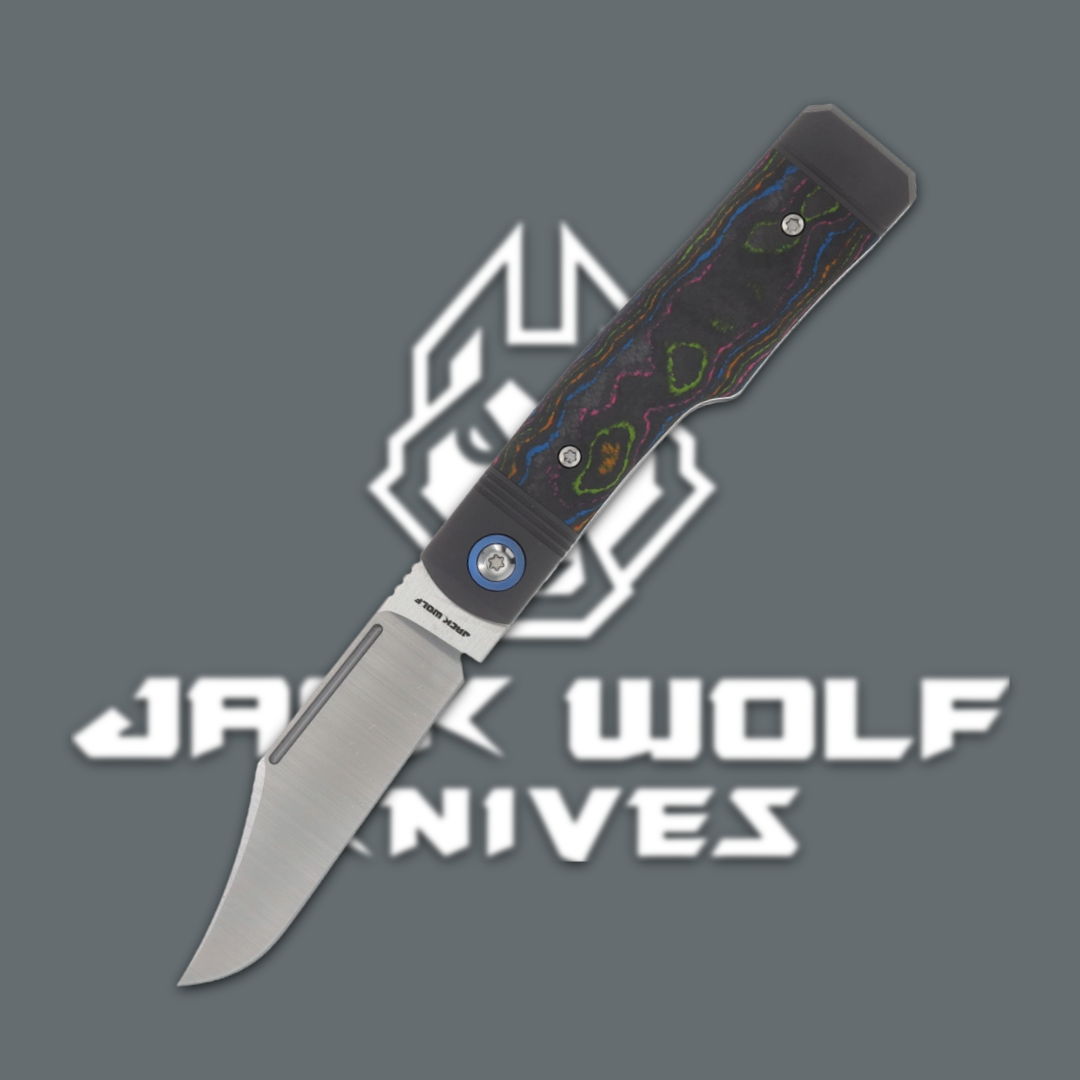 Folding knife with black handle and silver blade, Jack Wolf Knives logo.