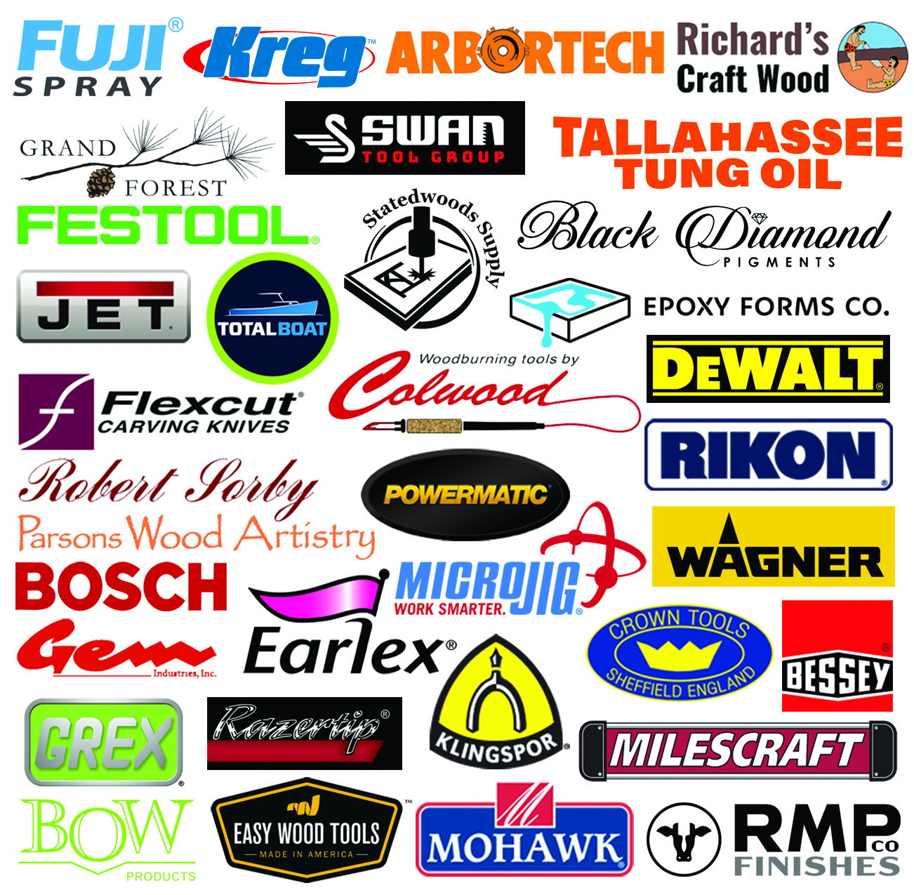 Collage of various brand logos related to woodworking and tools.