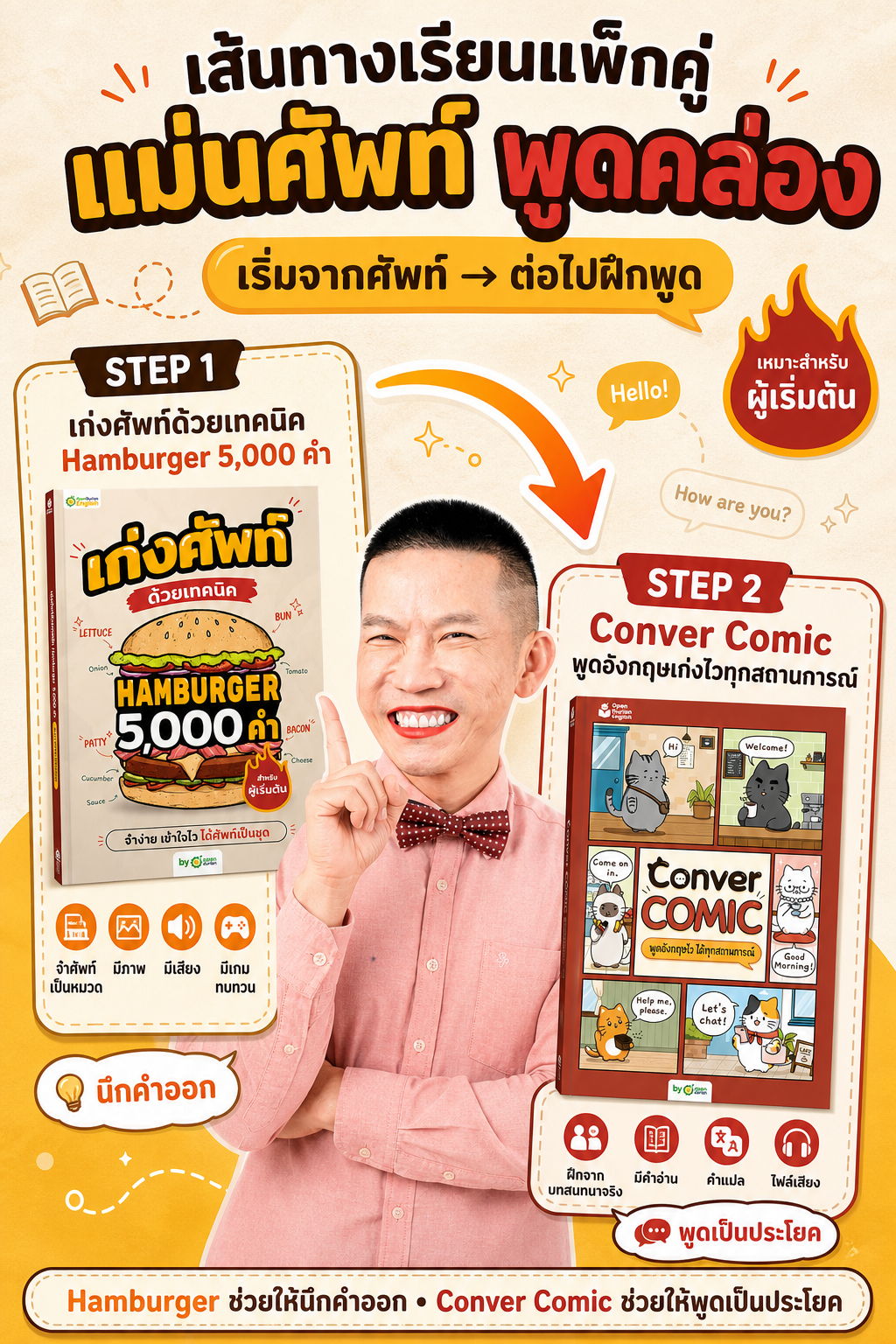 Promotional poster for a comic conversation program with steps and a smiling presenter.