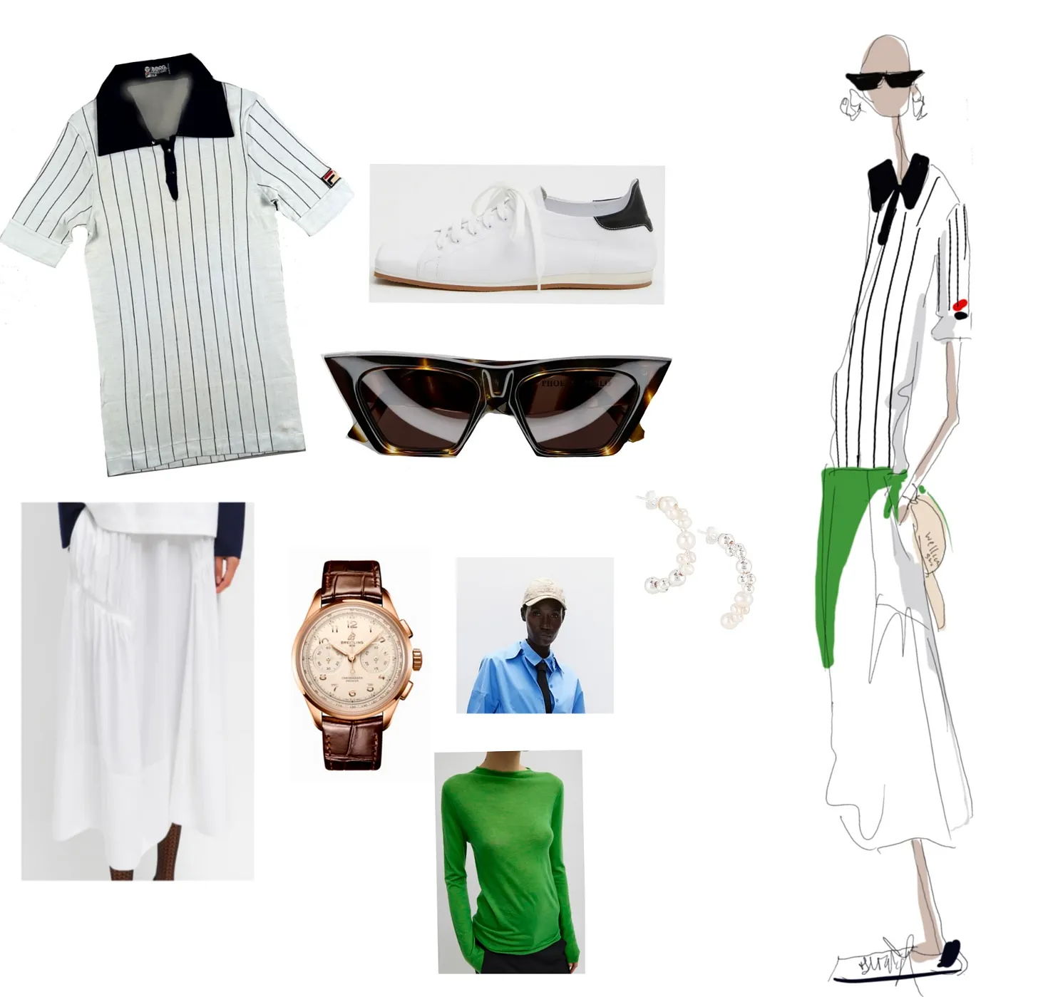 Fashion collage featuring clothing, accessories, and a stylish illustration of a person.