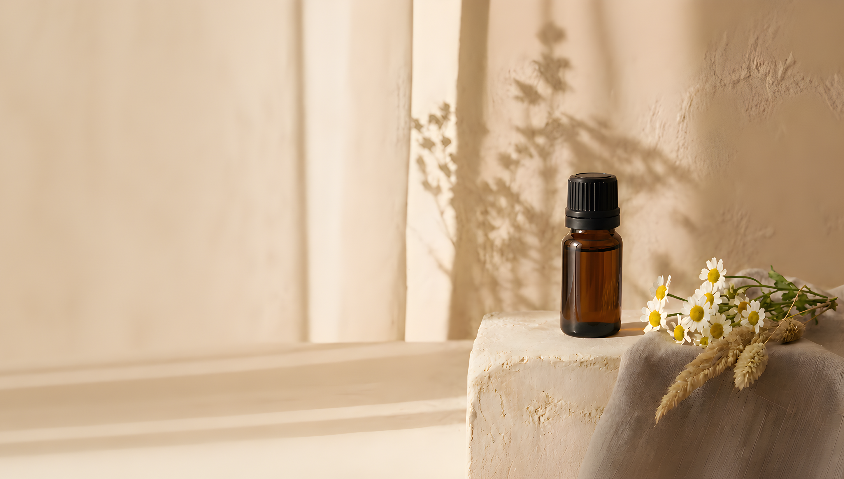 Aromatic oil bottle next to flowers on a soft surface.