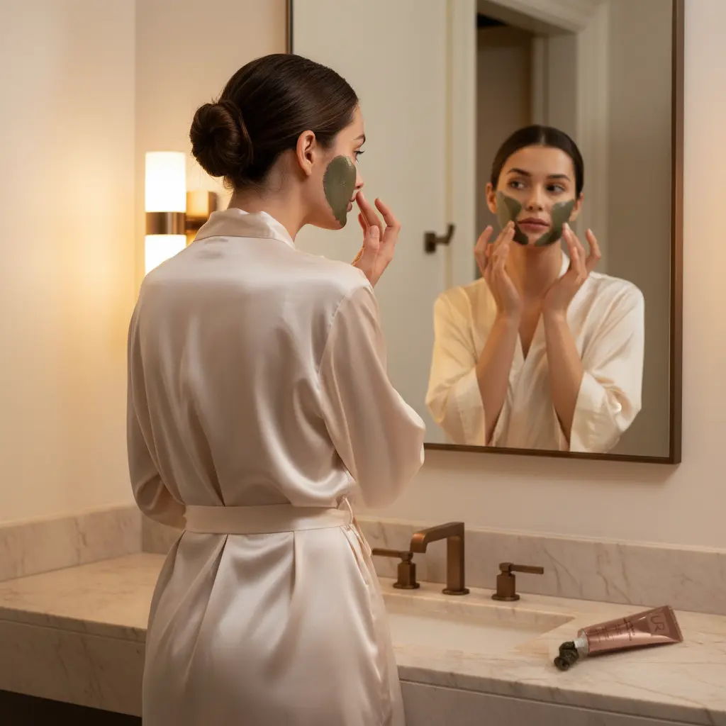 Woman applying Vesuvio Mineral Face mask while looking in a bathroom mirror.