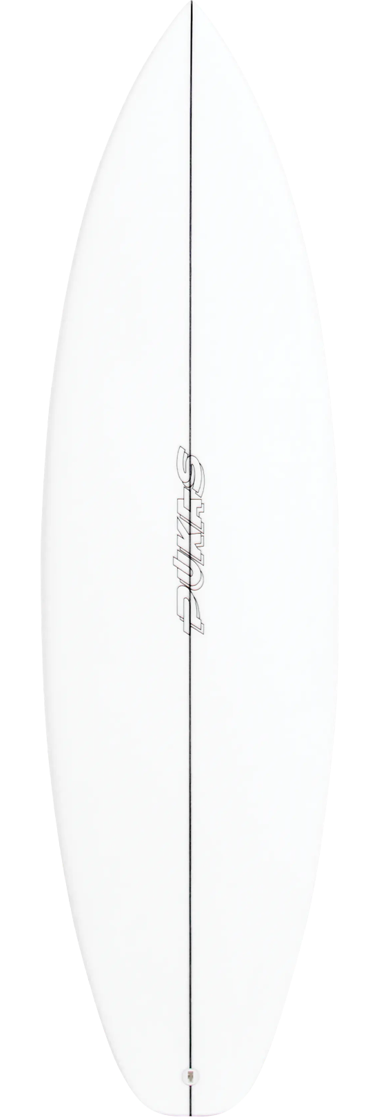 White surfboard with a black stripe and logo.
